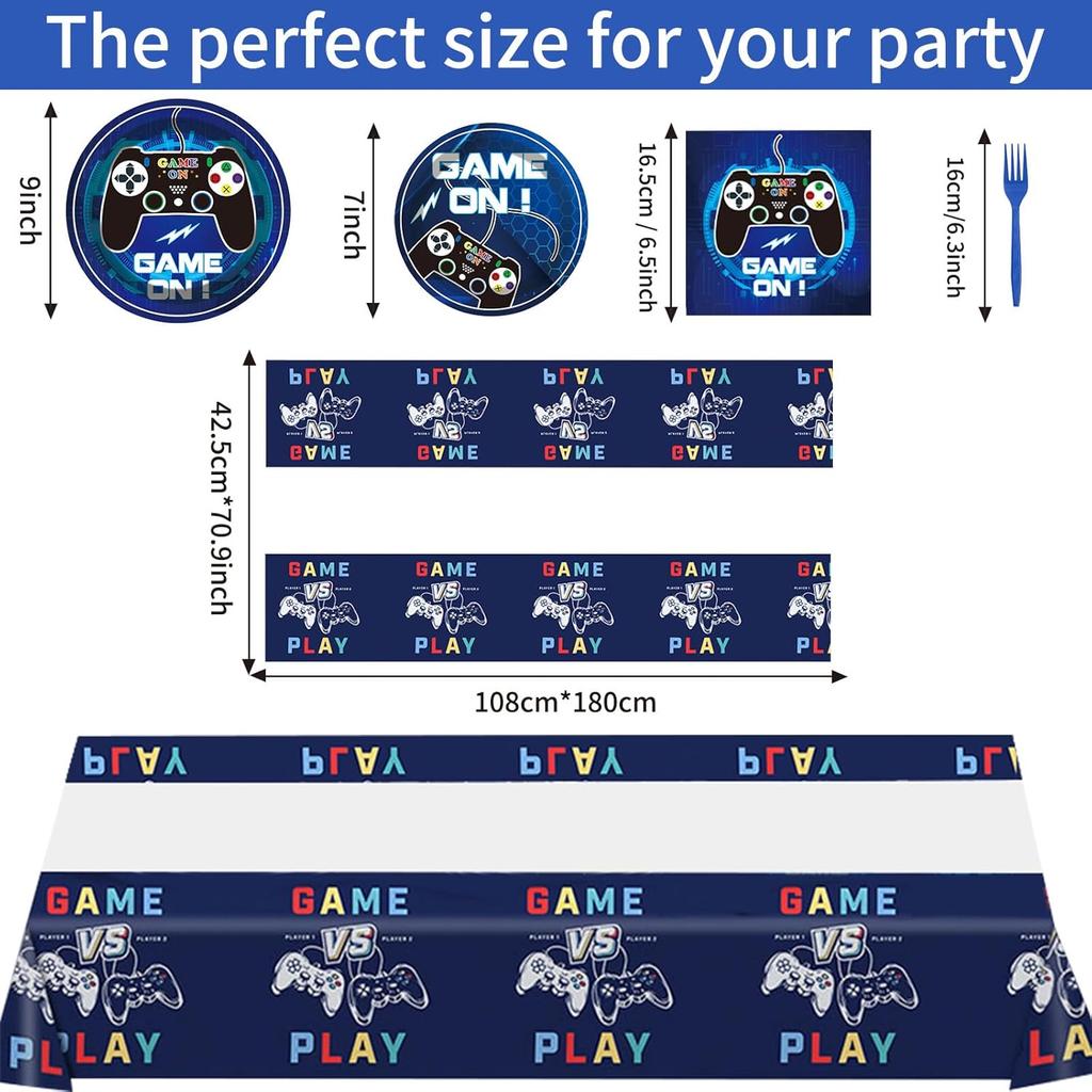 Video Game Party Supplies Tableware Set, Video Game Birthday Decorations, Including Dinner Plates, Tablecloth, Forks, and Napkins, Game Birthday