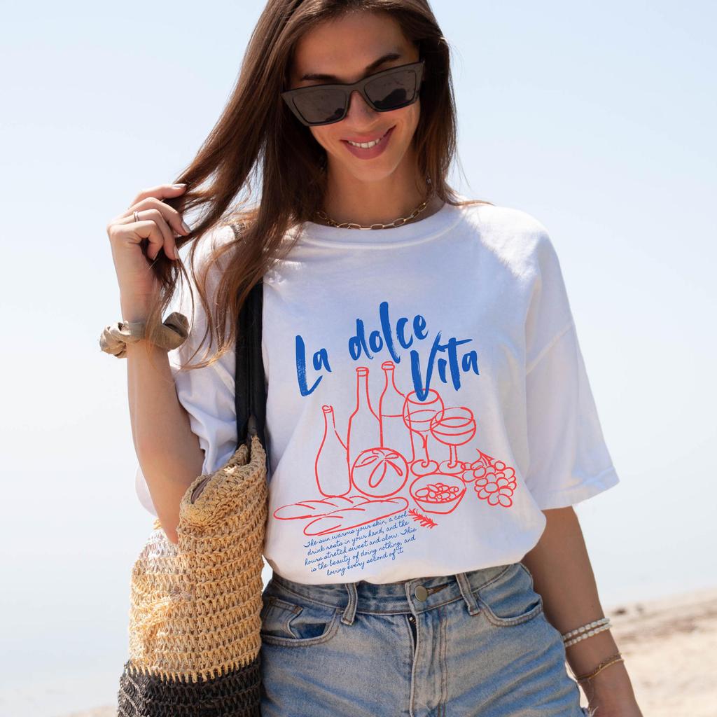 Unisexs La Dolce Vita Graphic Oversized Streetwear Cotton Short Sleeve All Season Casual Tee