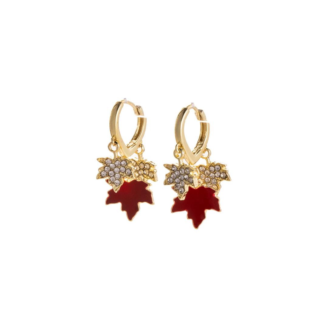 New Year'S Retro Ankara Red Maple Leaf Diamond Ear Buckle, Light Luxury High-End Niche Temperament Fashion Earrings