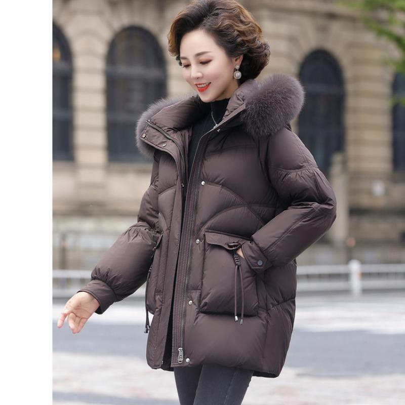 Middle-aged winter down jacket women's mother medium and long clothes winter fox fur collar white duck down warm jacket