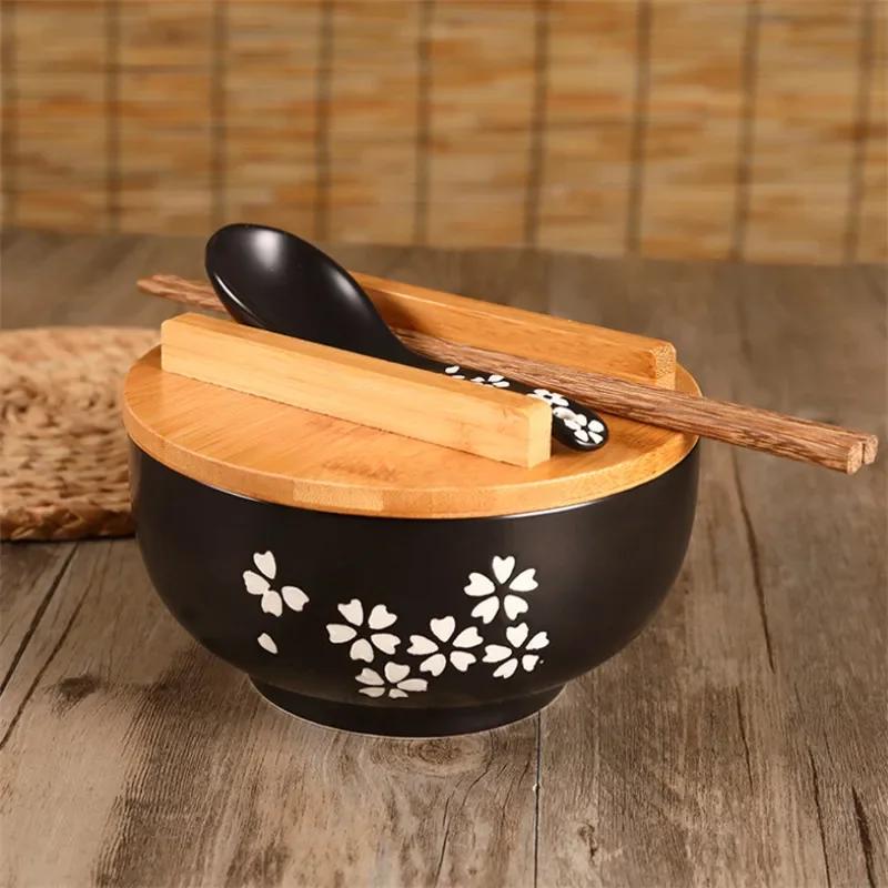 Japanese Style Rice Noodle Bowl with Lid Spoon and Chopstick Kitchen Tableware Ceramic Salad Soup Bowl Food Container Dinnerware