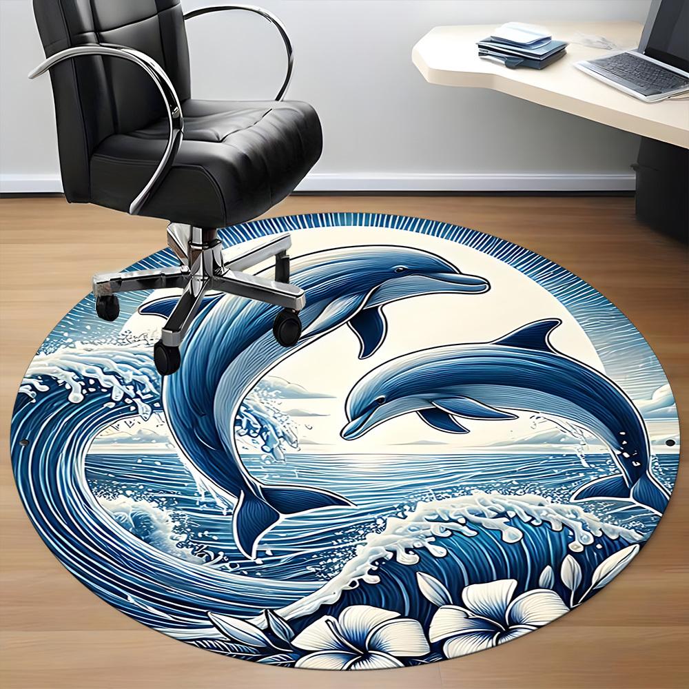 1 szt. Okrągły dywanik biurowy z motywem fal i delfinów, Mata wewnętrzna odpowiednia do biura, Pod krzesła biurowe, Sypialni, Salonu, Wystroju domu, Dekoracja pokoju