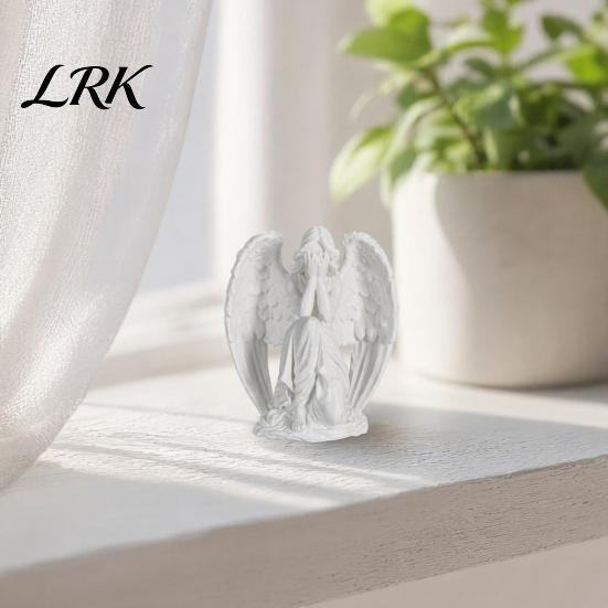 Office Desk Ornament 3D Printed Angel Figurine, Small Crouch Tabletop Ornament, Living Room Decoration White Winged Sculpture for Home Garden