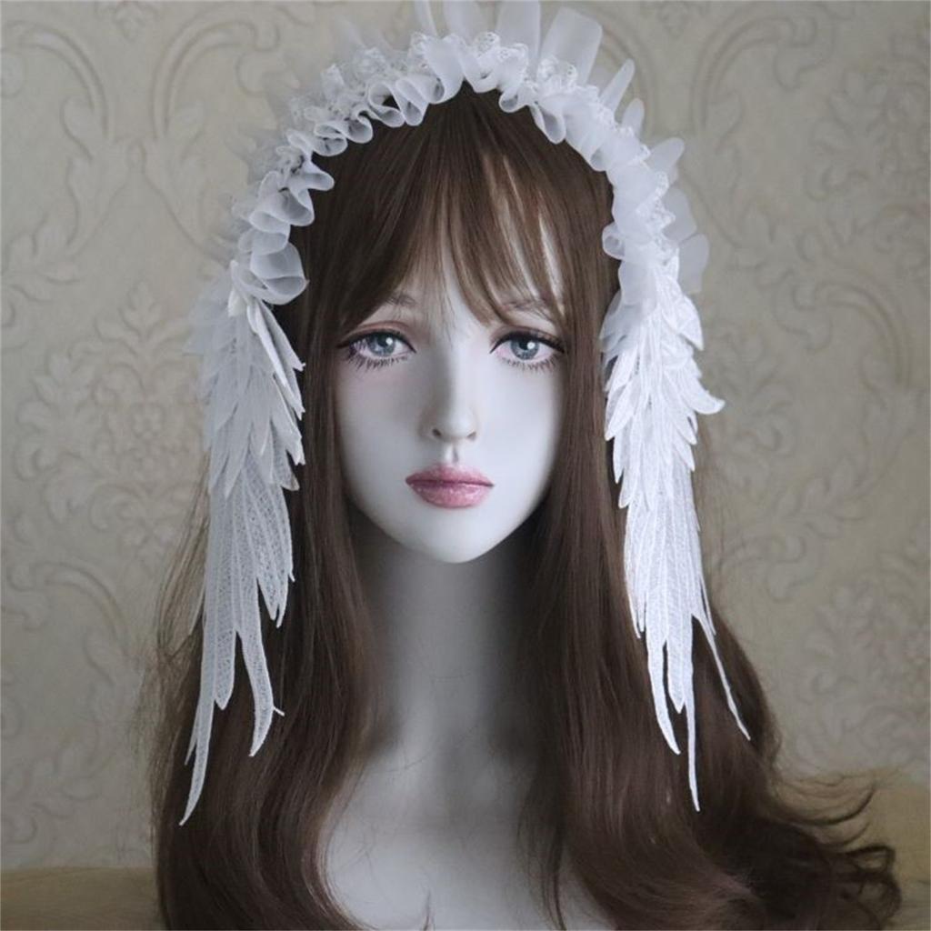 White Anime Headband With Angel Wing Multiuse Lace Trim Hairband For Fashion Enthusiasts Cosplay Costume Accessory