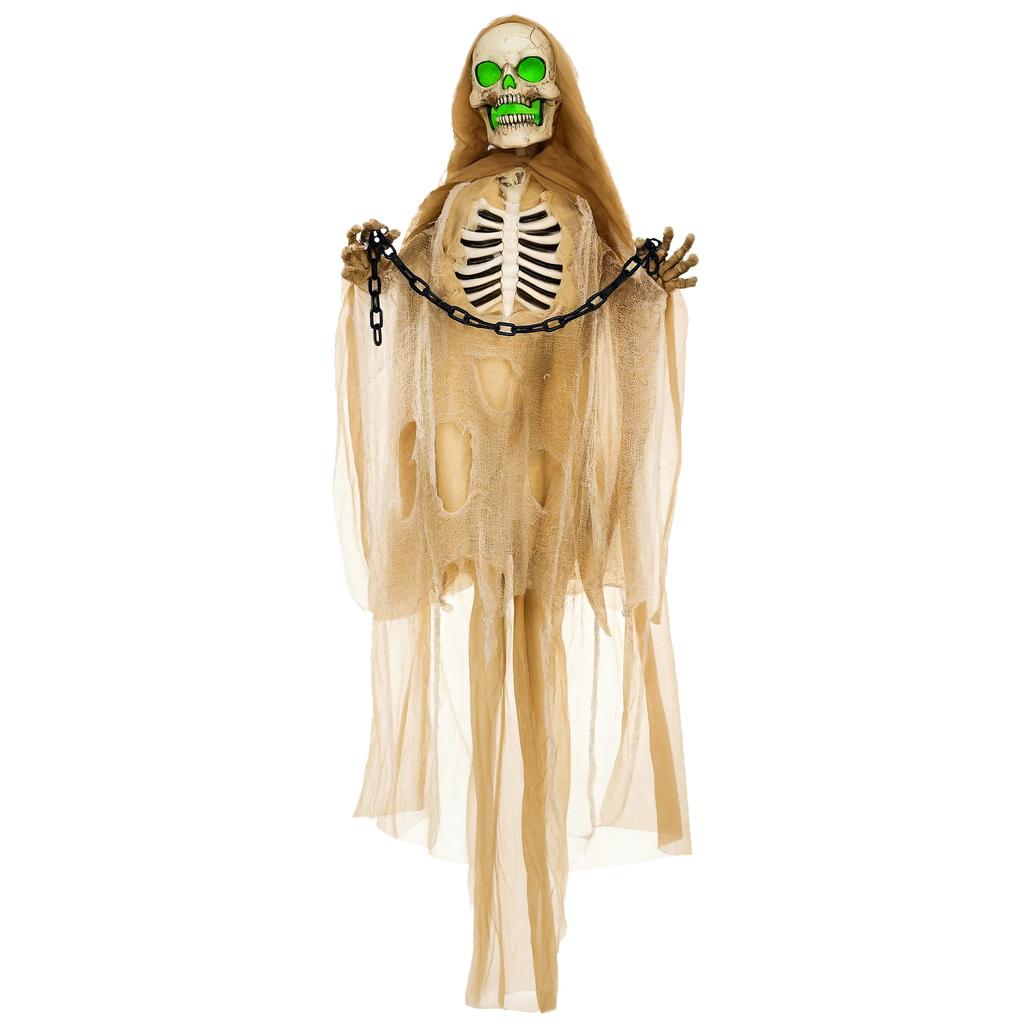 Halloween decoration, hanging skeleton, glowing head, eerie howl, flexible arms, khaki
