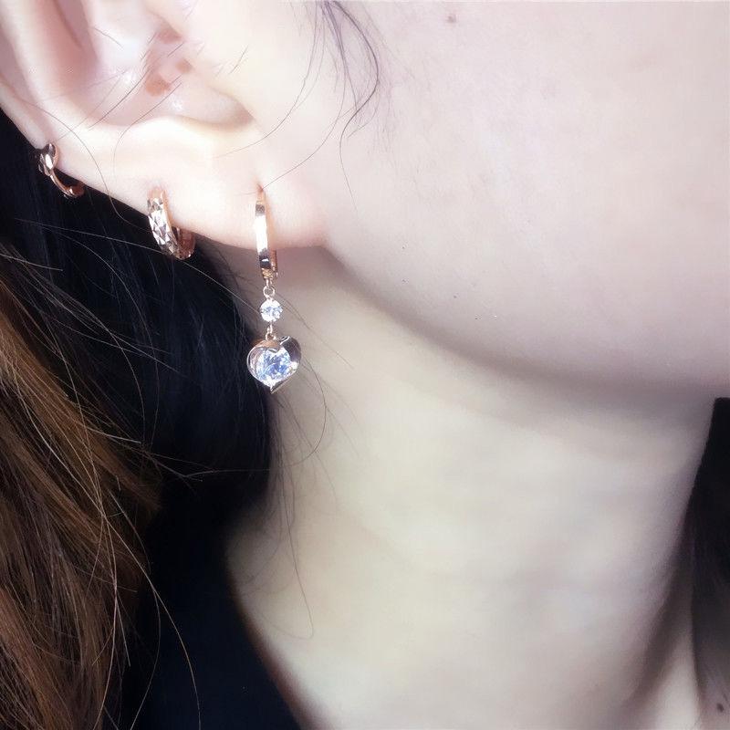 Exquisite Russian 585 Purple Gold Shiny Peach Heart Zircon Ear Buckle Fashionable Rose Gold-Plated Versatile Love Earrings