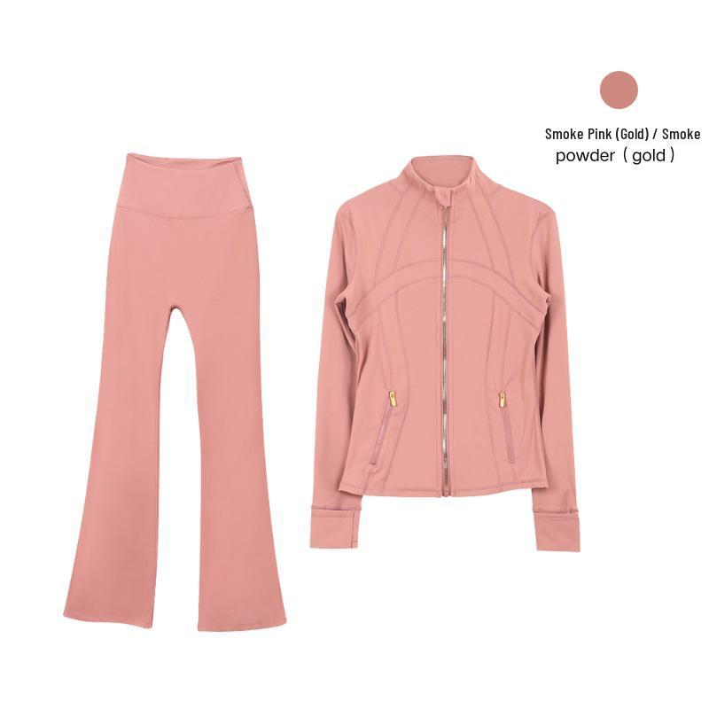 In Stock: Women's Gold Jacket & Flare Pants - High Stretch, Slimming Sports Yoga Set