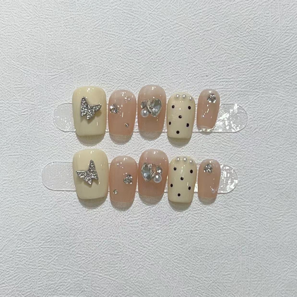 

Чистые носимые на руках накладные ногти ручной работы, темпераментные, принцессные, милые, в горошек, телесного цвета, с блестками и бриллиантами Large L