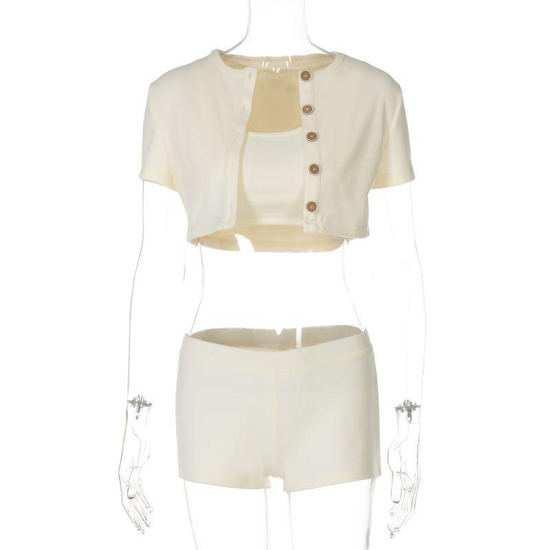 

Gusty Street Shot Fashion Sexy Suit Pure Color Sleeveless Midriff-Baring Vest Short Sleeve Breasted Cardigan + Shorts Three-Piece Set Apricot S