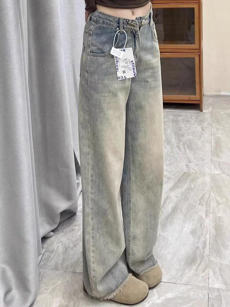 

Джинсы большого размера с высокой талией, ретро-желтые, широкие штанины для женщин - осенние, свободного кроя, с необработанным краем, длиной до пола 4XL жёлтый