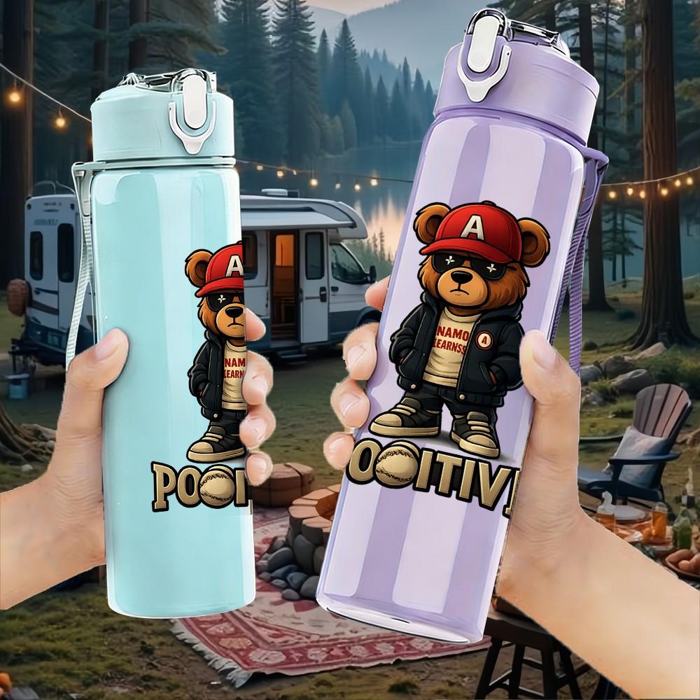 1PC Bear Prison Inmate Cartoon Print 750ml Color Plastic Sports Water Bottle Leakproof Flip Straw Lid Suitable for Sports Office Home Use