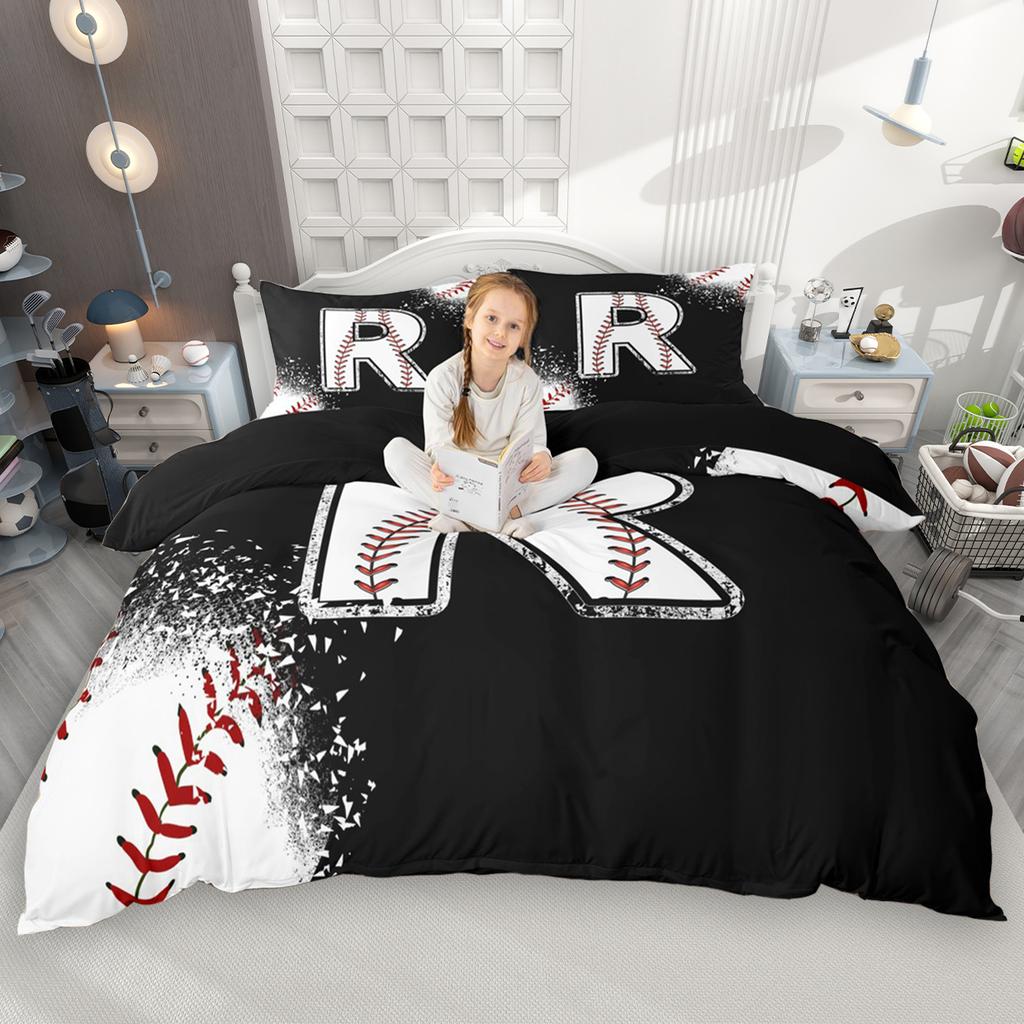 Homewish Kids Baseball Duvet Cover Set 2Pcs/3Pcs For Boys Girls Black White Bedding Set Black Reversible Quilt Cover Set