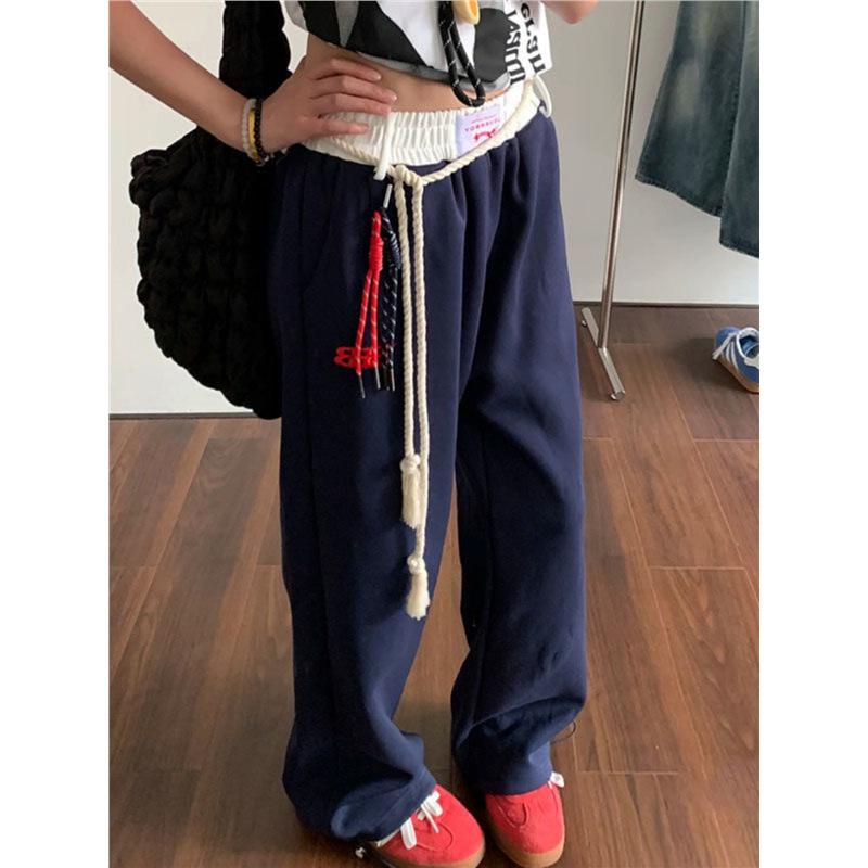 

Женские темно-синие ретро лоскутные широкие спортивные брюки AXEF с бархатным поясом для осени/зимы L for 109 jin and above