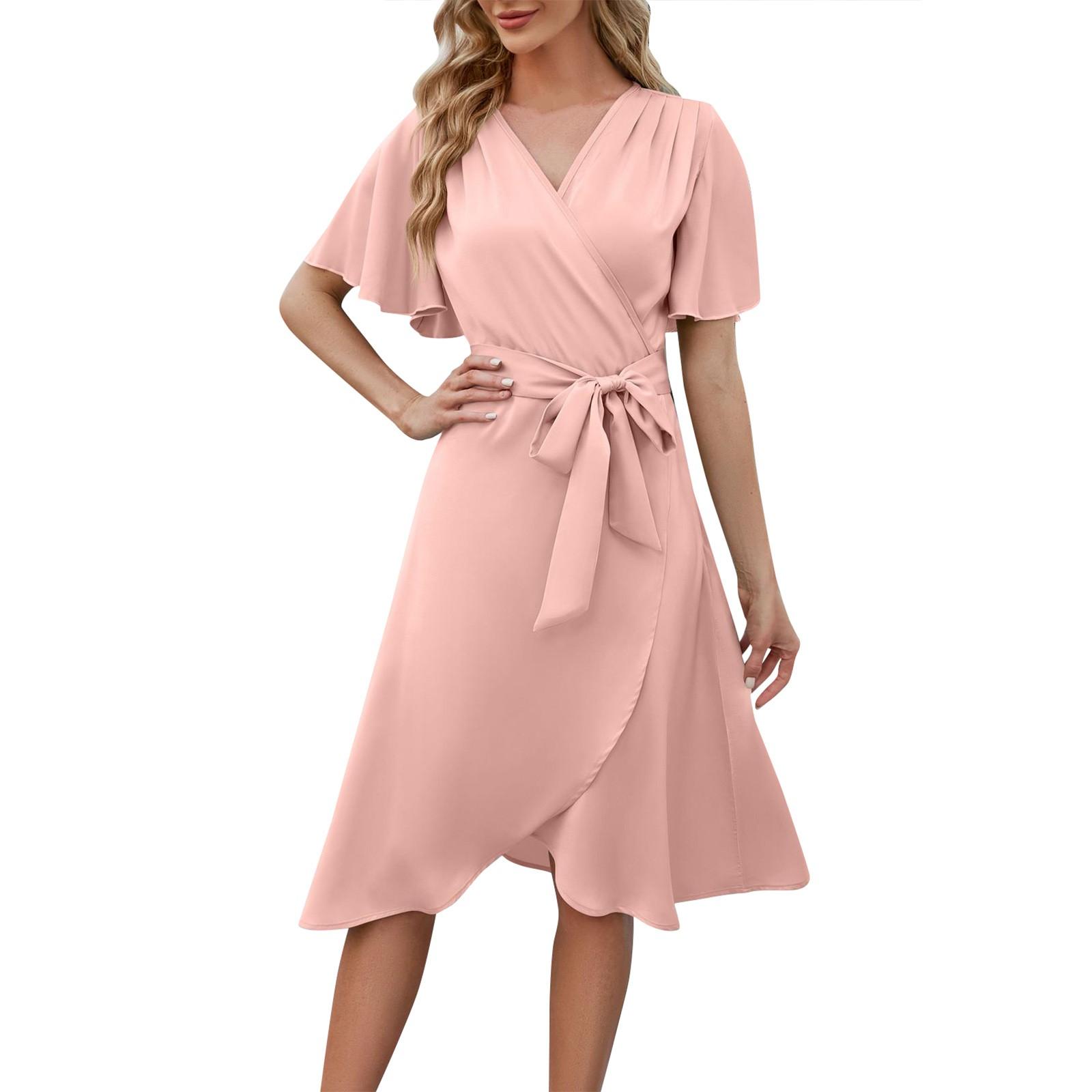 

Летнее женское атласное удобное и сексуальное платье с v-образным вырезом и расклешенными рукавами на талии XXL розовый