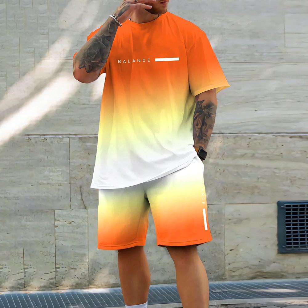 Men's Gradient Sports Set Casual Comfortable Beach Suit Shirt + Pants 2 Piece Set