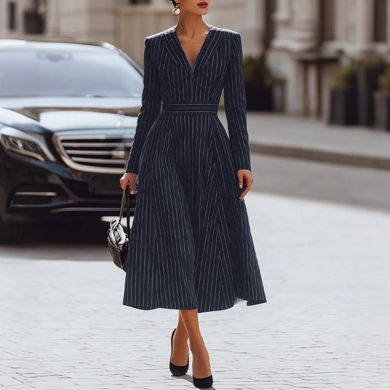ZANZEA Women Elegant Casual V-neck Long Sleeve Stripe Dress