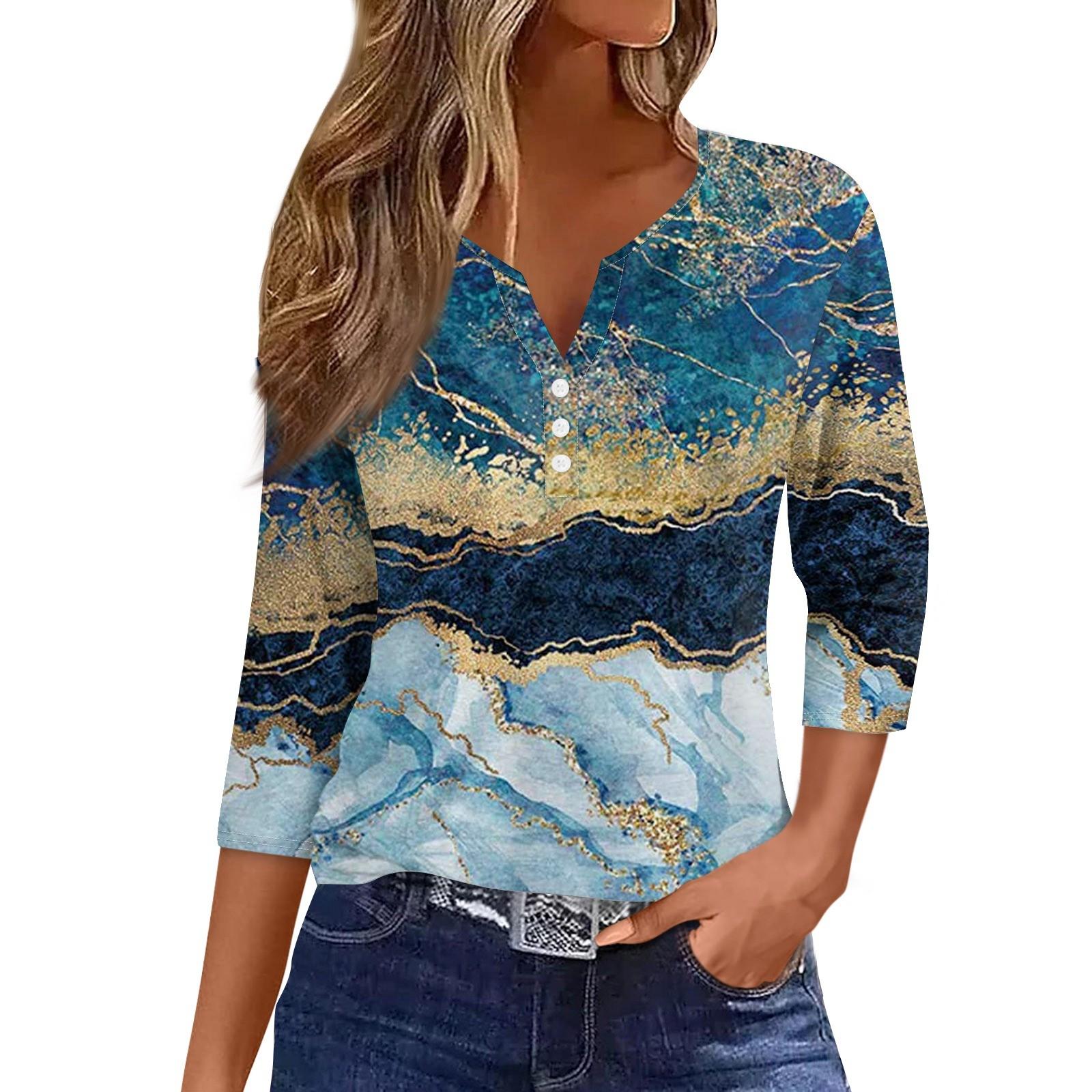 

Жіноча модна повсякденна футболка з V-подібним вирізом і сімома рукавами з градієнтним принтом на ґудзиках XXXL