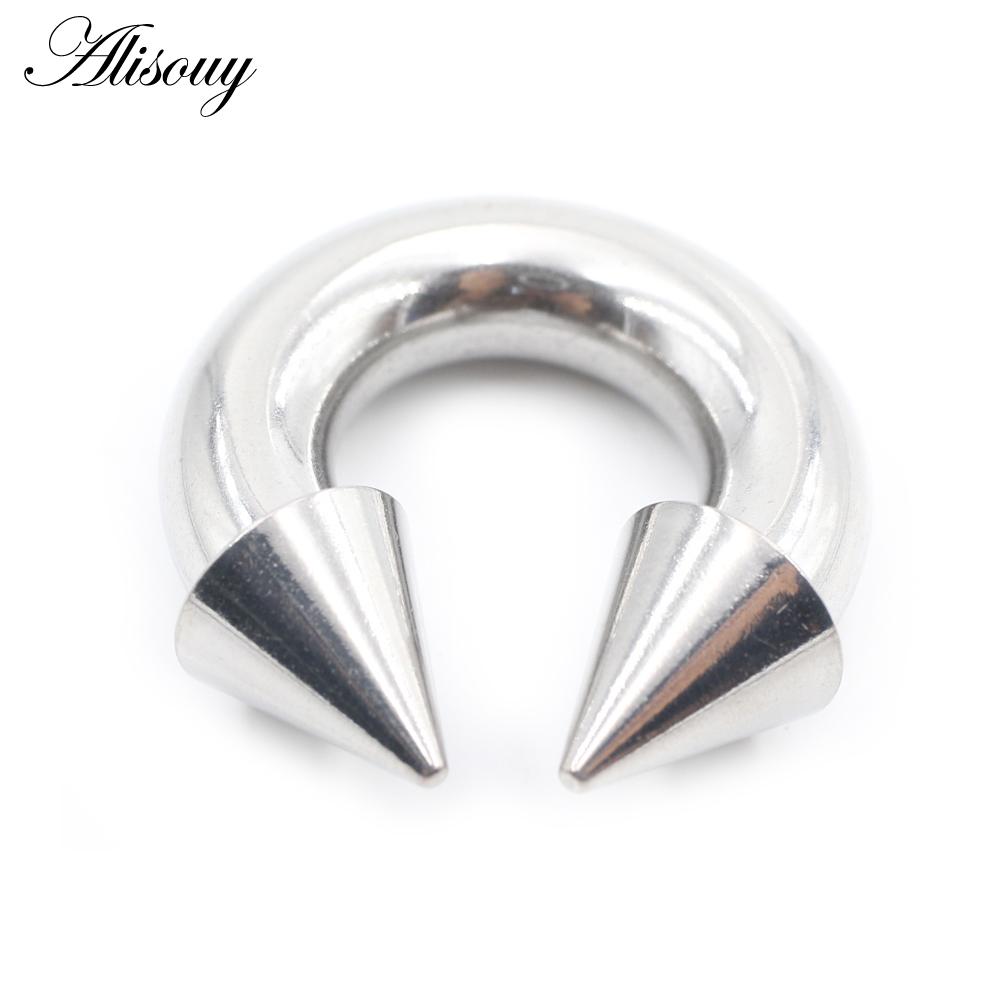 Alisouy 1 Stück Nasenring mit Hufeisen-Spikes, Edelstahlkegel, großes Piercing, Septum-Ohr-Expander-Stecker mit Innengewinde, Schwarz