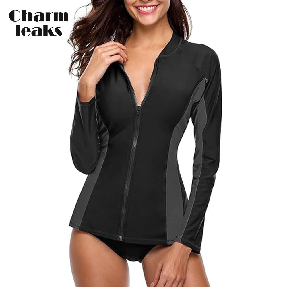 CHARMLEAKS Women Long Sleeve Zipper Rashguard Swimsuit Surfing Top Rash Guard Zipper UPF50+ Swimwear