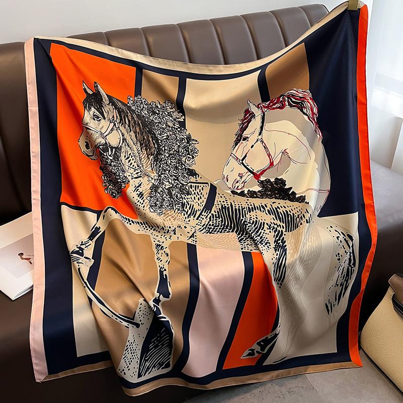 90×90Cm Women Twill Imitation Silk Printed Horse Pattern Retro Large Square Scarf Multifunctional Scarf