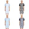 Women Alzheimer Adaptive Jumpsuit Short Sleeve Buttoned Crotch Print Color Block Design for Dementia Patient Comfort Wear