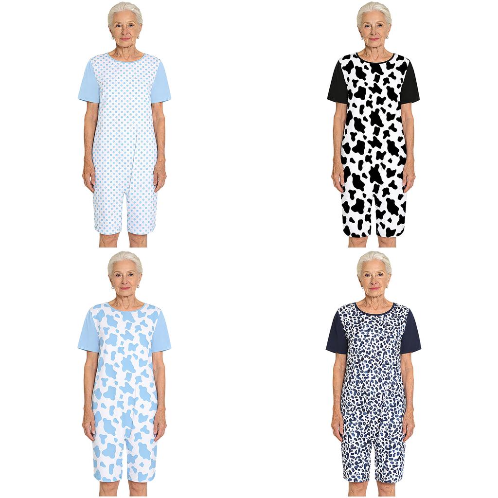 Women Alzheimer Adaptive Jumpsuit Short Sleeve Buttoned Crotch Print Color Block Design for Dementia Patient Comfort Wear