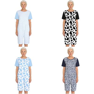 Women Alzheimer Adaptive Jumpsuit Short Sleeve Buttoned Crotch Print Color Block Design for Dementia Patient Comfort Wear