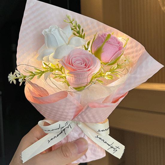 3 Heads Mini Artificial Rose Soap Flower Bouquet Preserved Rose Flower with Aromatherapy Valentine's Day Gifts for Women Mom Wife