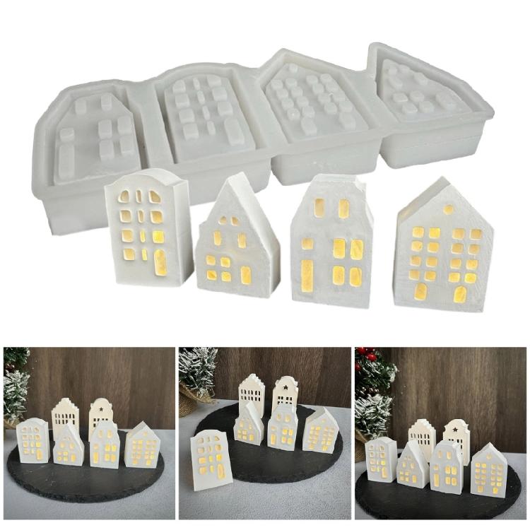 Silicone Mold for Tealight Holder Decoration 4 Grid House Shaped Atmosphere Light Making Molds Jewelry Making Supplies