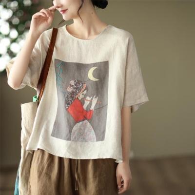 Summer Retro Printed Linen Top Women's Loose Cotton Linen Versatile Short Sleeved T-shirt