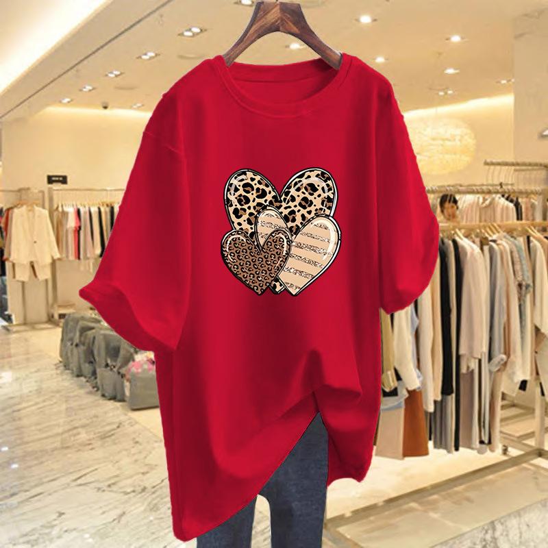 Cotton love print t-shirt women's summer fashion crew neck top large size women's clothing