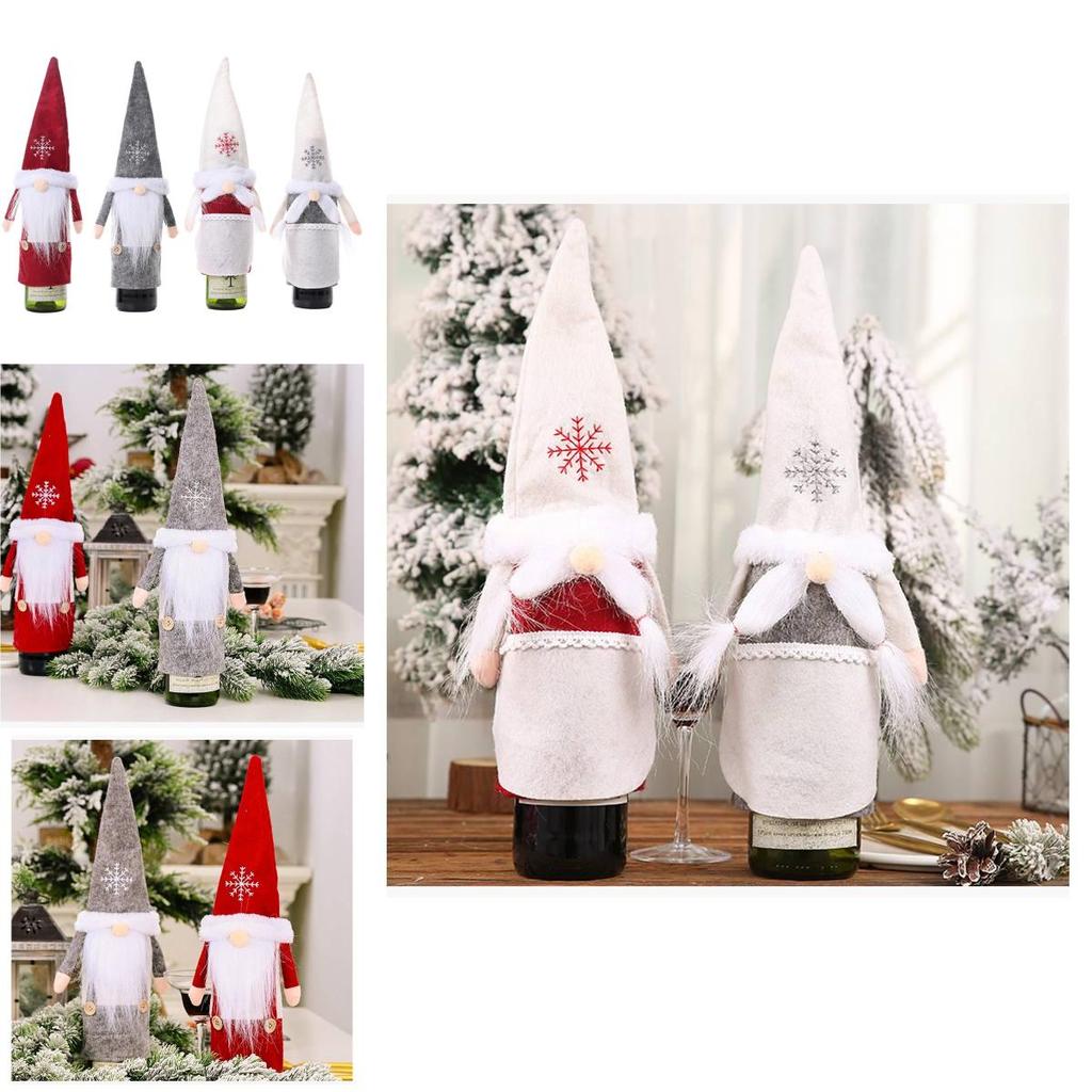 Festive Christmas Wine Bottle Covers Featuring Charming No-face Old Man Design In Red And Gray