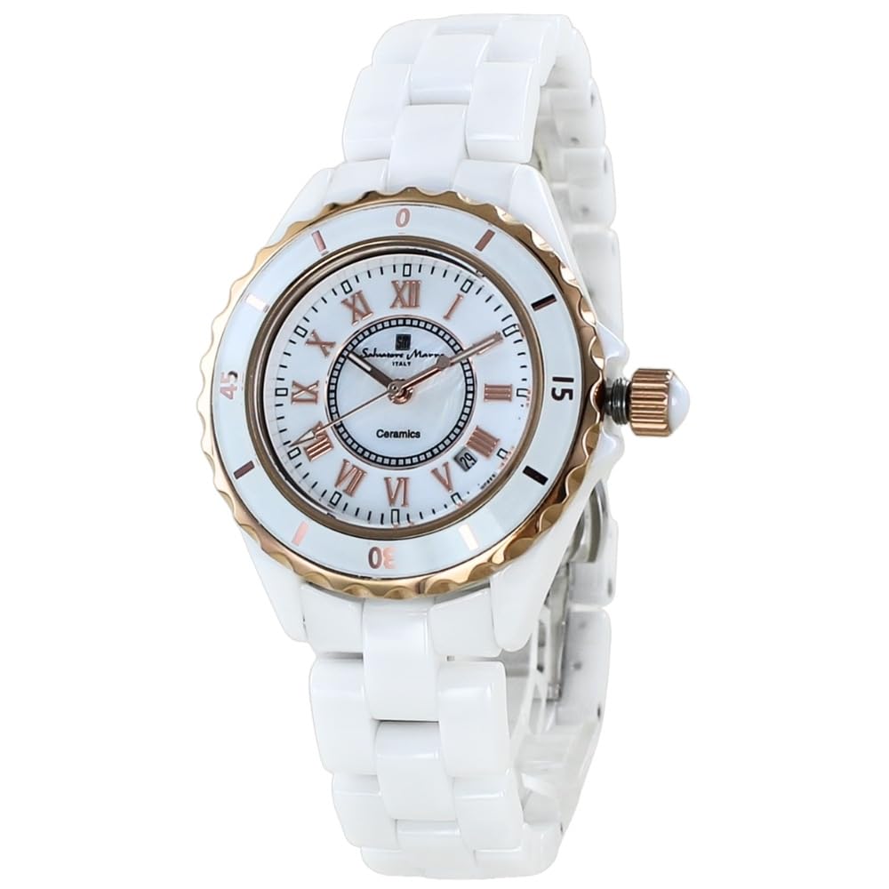 Salvatore Marra Gift Set Salvatore Marra Quartz Watch with Roman Numerals and Ceramic Strap 2 White x Rose (Pre-wrapped) Women's (No. Gold)