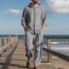 Men's Spring   Casual Linen Beach Hooded Shirt Long-sleeved Trousers Suit
