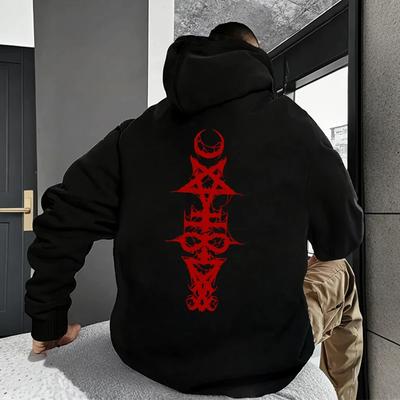 Höst- och vinter herr gotisk hoodie, varm pullover, tryckt med Satans symbol, bekväma avslappnade sportkläder för utomhusbruk