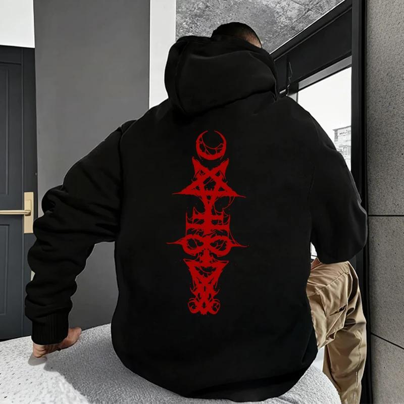 Mens Gothic Hoodie Satanic Symbol Print Street Fashion Warm Pullover Unisex Oversized Sweatshirt Outerwear Autumn Winter Outwear