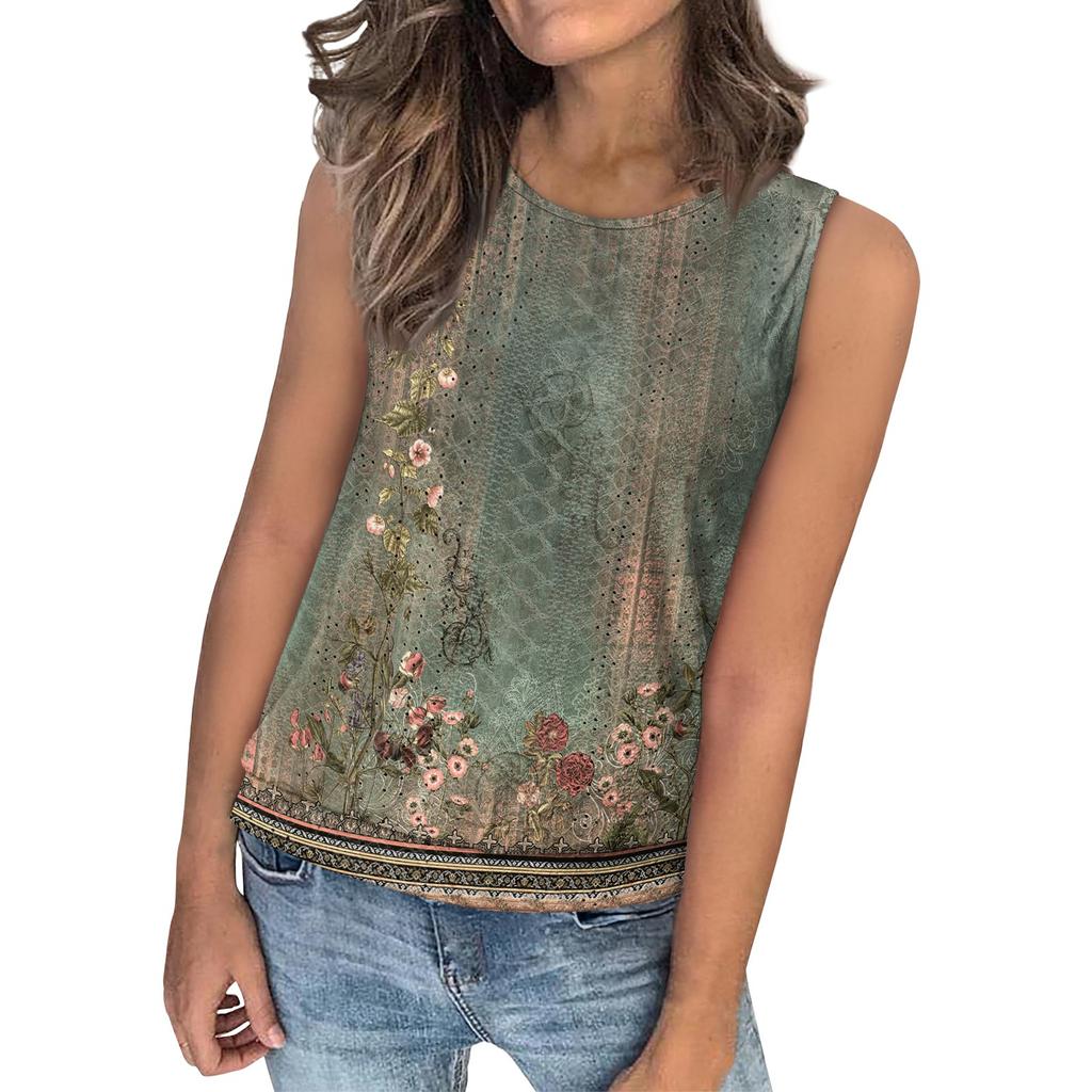 Women's Loose Fashion Casual Vintage Floral Print Crew-neck Sleeveless Summer Vest