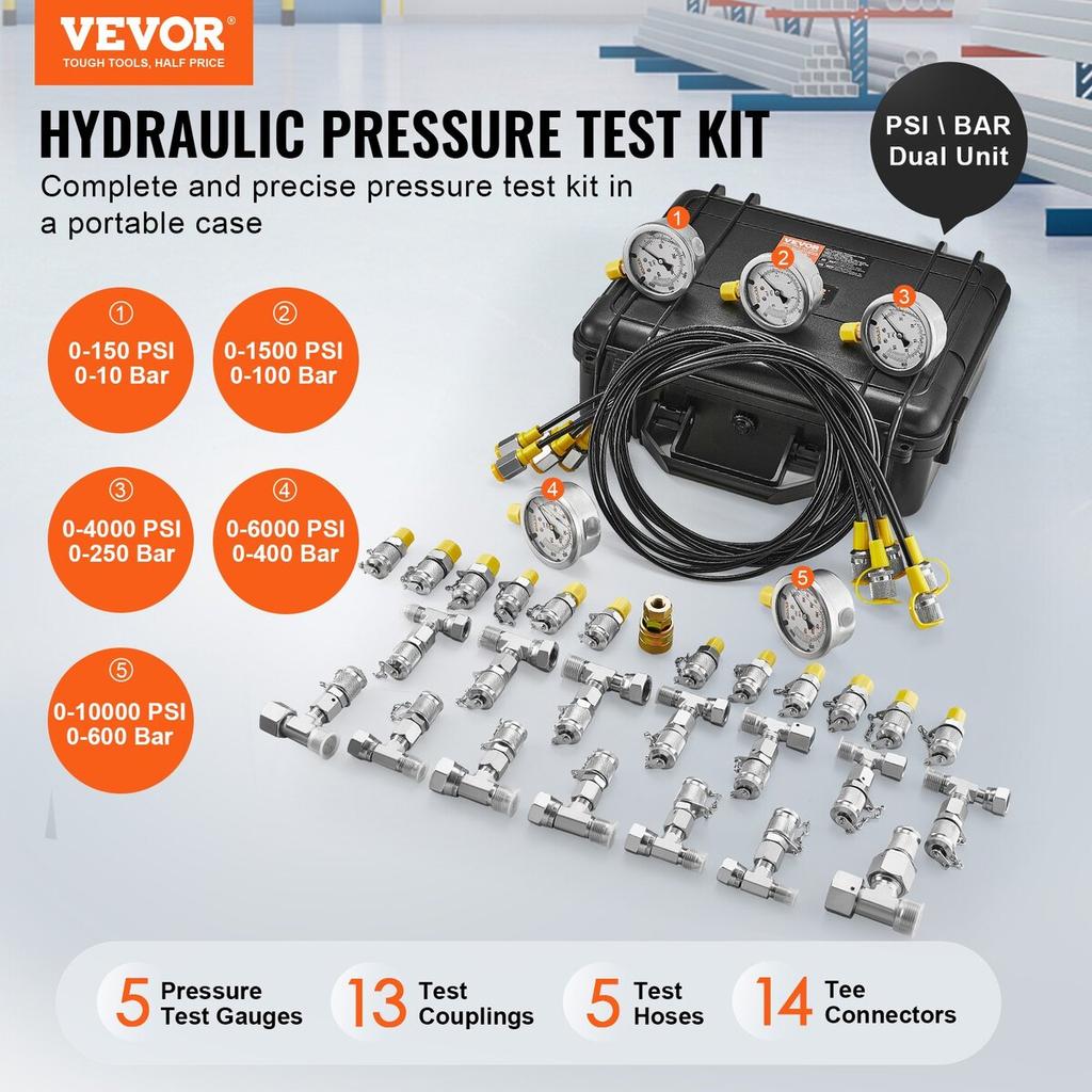 Hydraulic Pressure Test Kit, 10/100/250/400/600bar, 5 Gauges 13 Couplings 14 Tee Connectors 5 Test Hoses, Excavator Hydraulic Test Gauge Set with