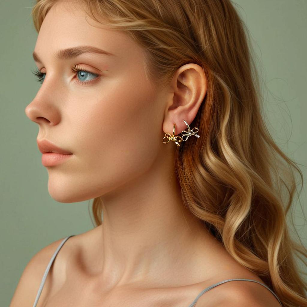 Silver earrings with bows, gold-plated hoops, 925 silver clasps