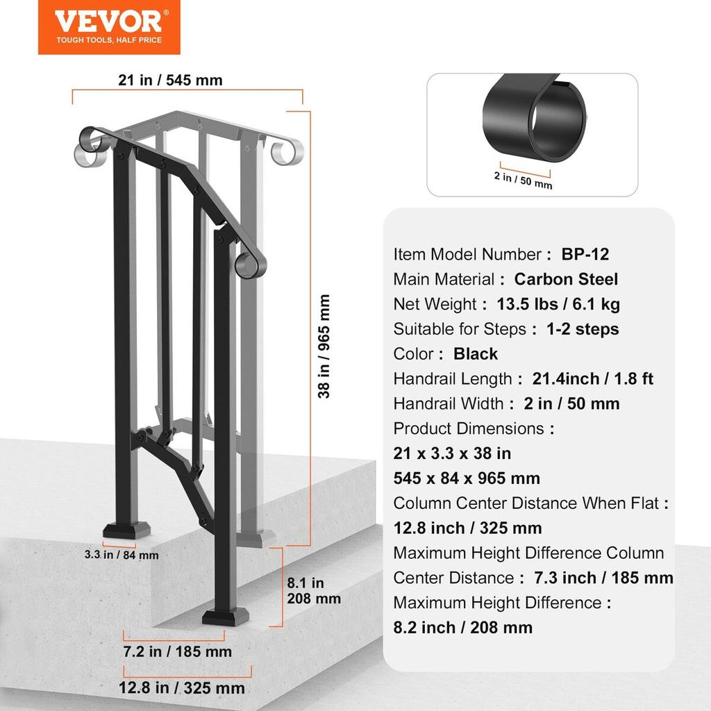 1-2 Step Handrails for Outdoor for Seniors Porch Deck Retro Arch Black