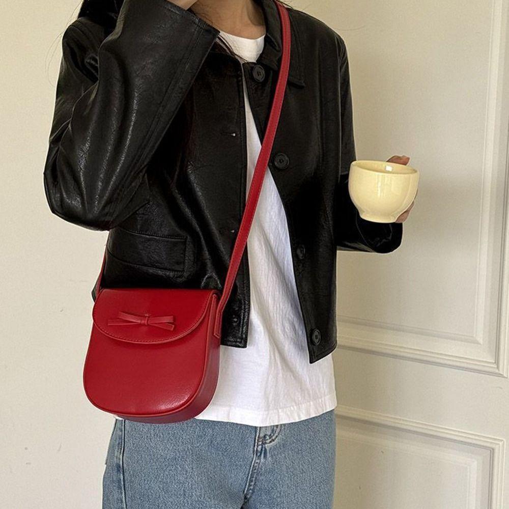

Red Bow Shoulder Bag Korean Style Ballet Style Handbag Versatile Pu Saddle Bag Girls