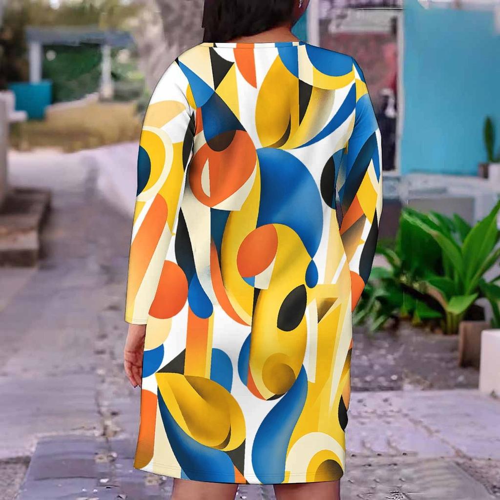 Women Plus Size V Neck Long Sleeve Printed Striped Dress With Pockets