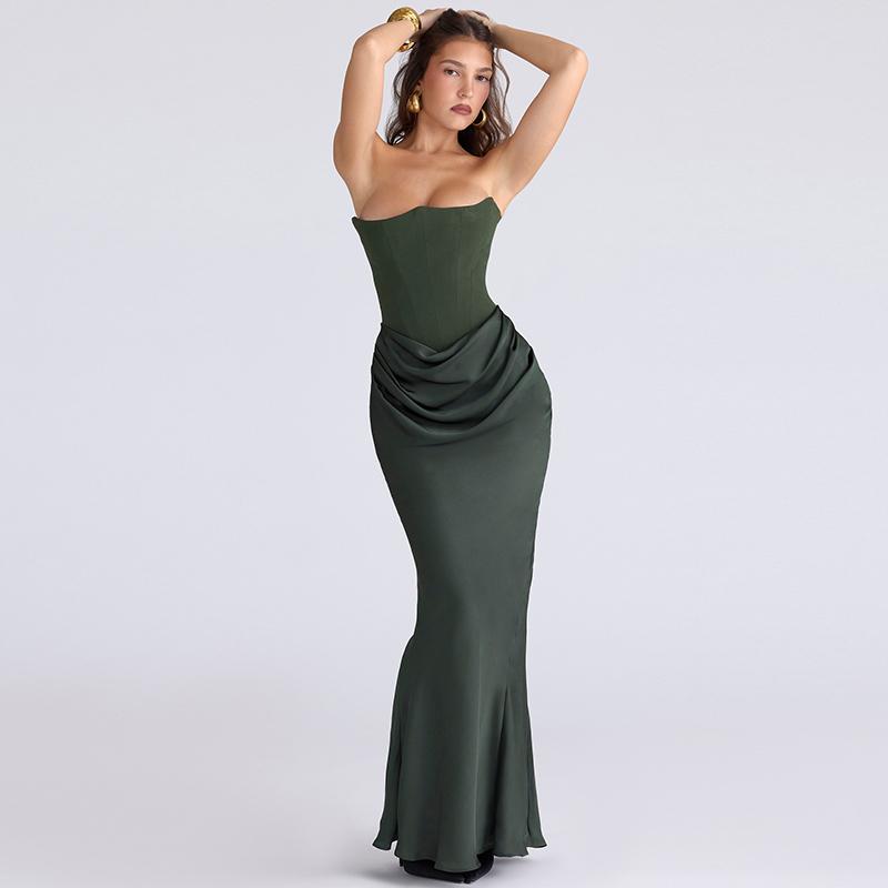 Sexy Satin Evening Club Party Dresses Women 2026 Summer Strapless Off Shoulder Fishbone Ruched Maxi Long Dress Elegant Robe