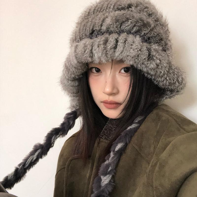 Rabbit Hair Blended Hat for Women In Autumn and Winter Thickened Warm Wool Hat Cold Protection Ears and Face Small Bag Head Hat Pullover Hat