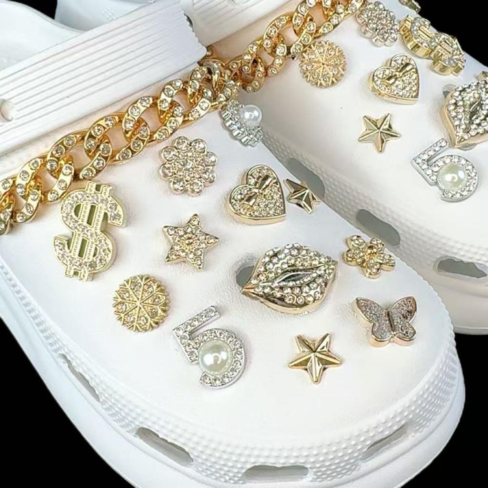 24/26PCS Shoe Charms Set Golden Lip Letter Butterfly Pentagram Chain Shoe Decorati Buckle for Sandals Clogs DIY Accessories Gift