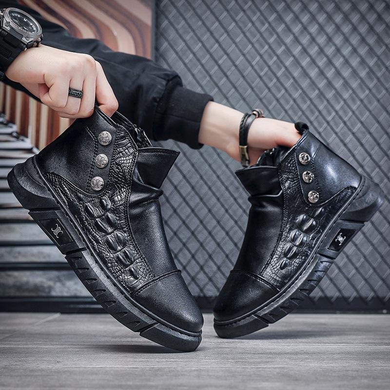 High-top autumn 22 new British style crocodile pattern leather boots sports casual black trendy shoes