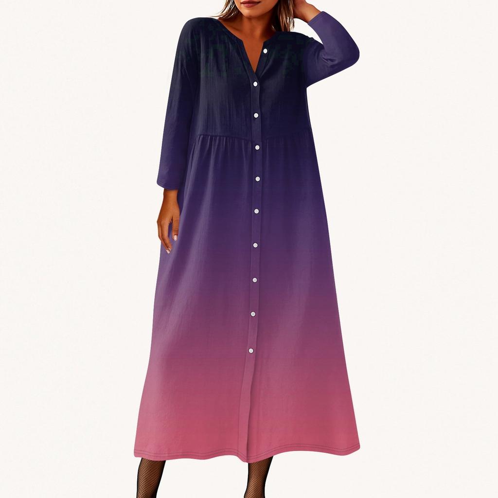 Damen Modisches Bedrucktes Rundhals Siebenviertelarm Knopf Lockeres Hemdkleid