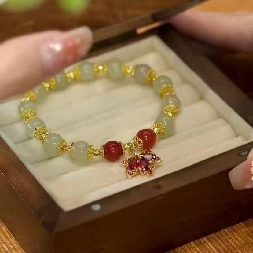 A Sparkle Cat-eye Sapphire Zircon Red Maple Leaf Minimalist Luxury Style Bracelet, A Rare Handcrafted Pendant Necklace