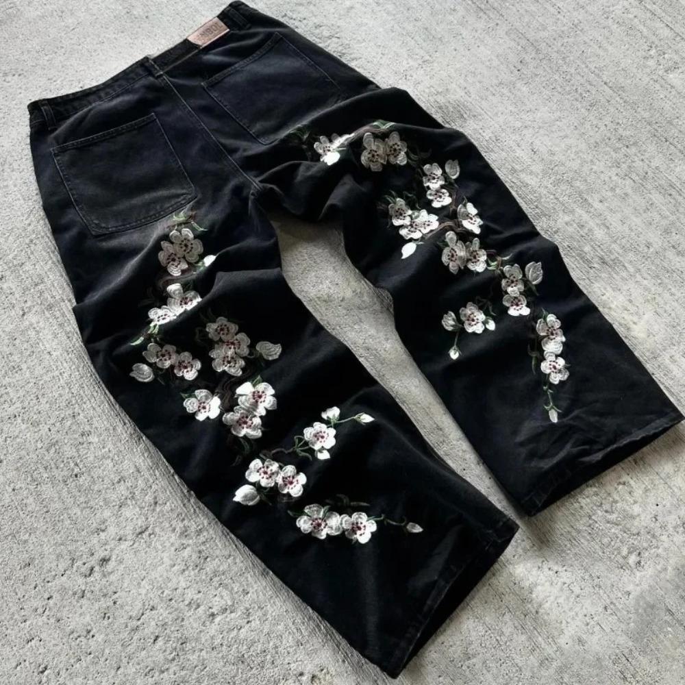 ZYLLO Y2K Harajuku Retro Džíny Umělecký Vzor Výšivky Třešňových Květů Džínové Kalhoty High Street Volné Kalhoty s Rovnou Nohou