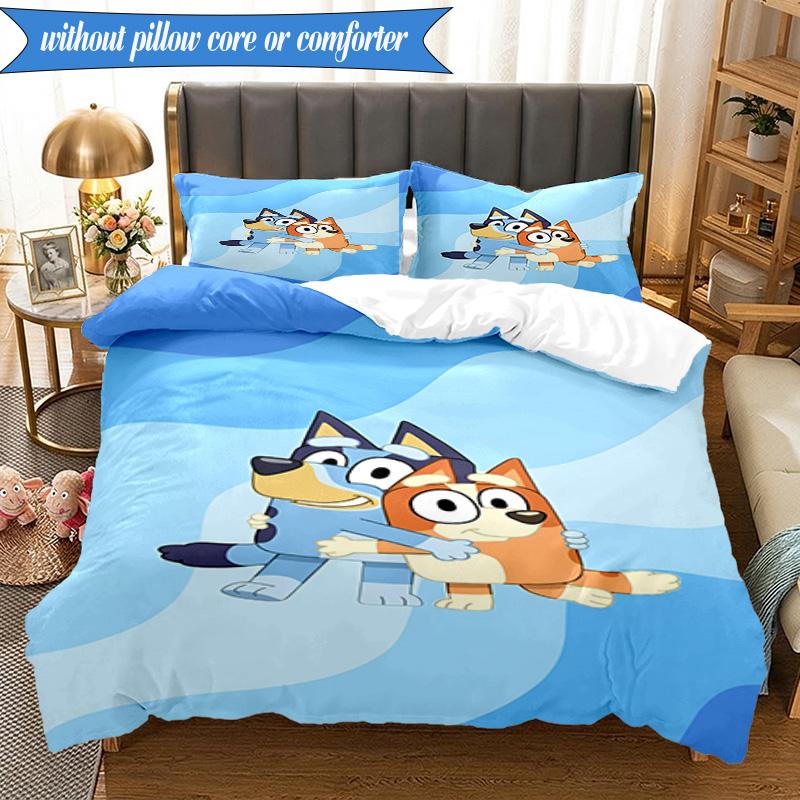 3PCS Bluey Friends Adventure Bedding Set 2D Printing (Includes 1 Duvet Cover + 2 Pillowcases Coreless), Bedroom decor,Fan Gift